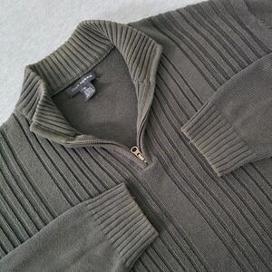 John Henry Mens XL Quarter Zip Pullover Sweater Ribbed Knit Dark Olive Green